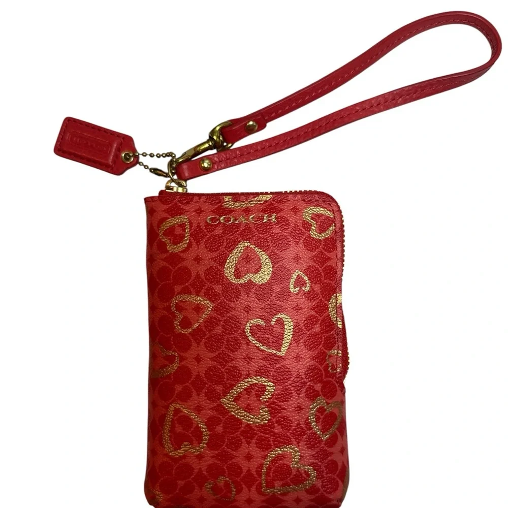 Coach Red Wristlet with Gold Heart Design - Picture 3 of 12